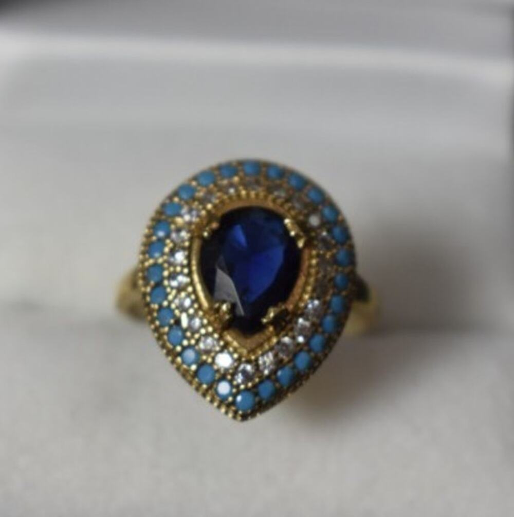 925 Sterling Silver Gold Plated Blue Alpanite, Turquoise & CZ Ring Size 8